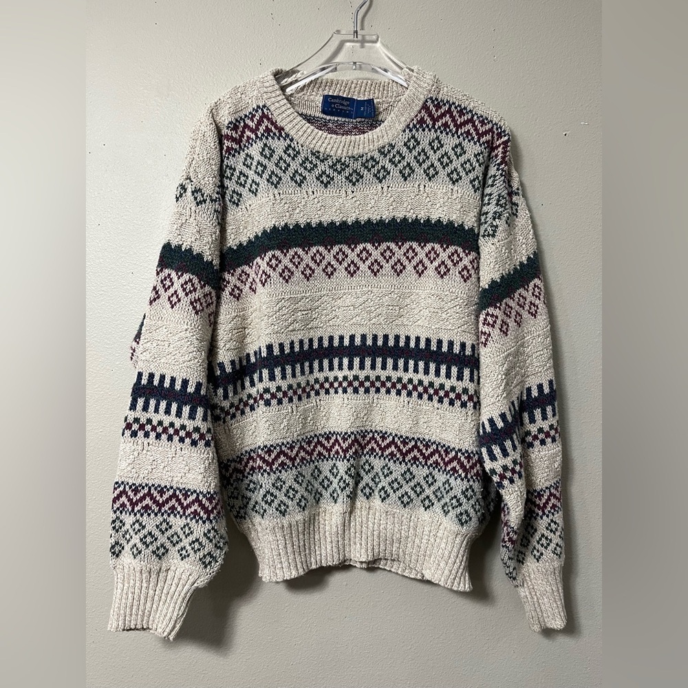 Vintage Cambridge Sweater Mens Medium Geometric Iceland Wool Jumper Grandpa - Picture 1 of 6